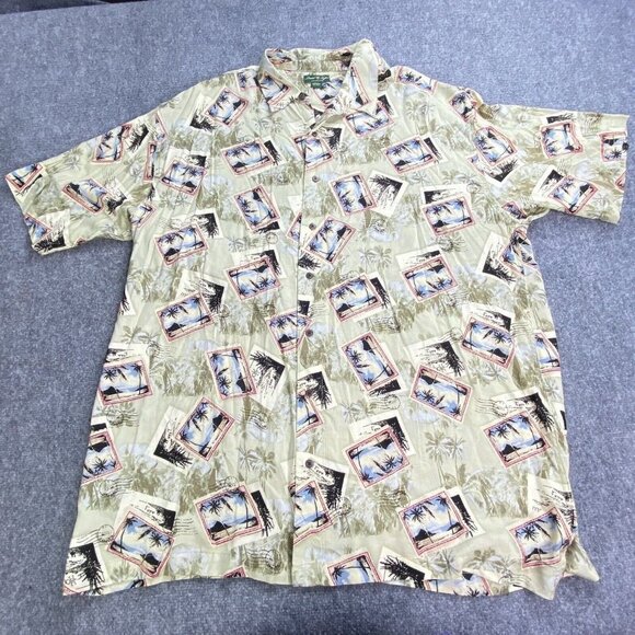 David Taylor Hawaiian Shirt Mens XXL Beige‎ Green Floral Outdoor Casual Tropical - Picture 1 of 14